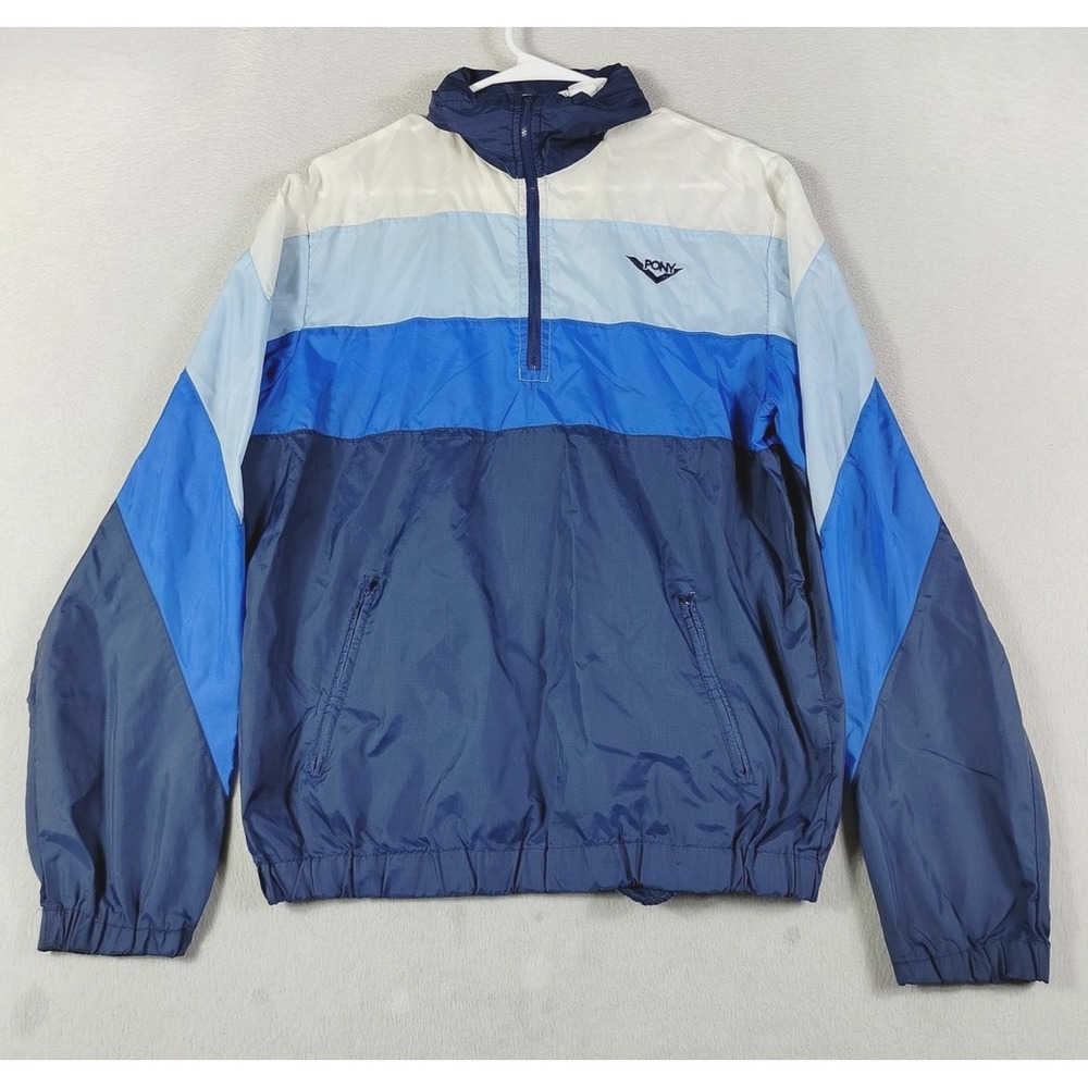 Vintage Pony Jacket Mens Medium Blue Colorblock 1/4 Zip Hooded Windbreaker Nylon